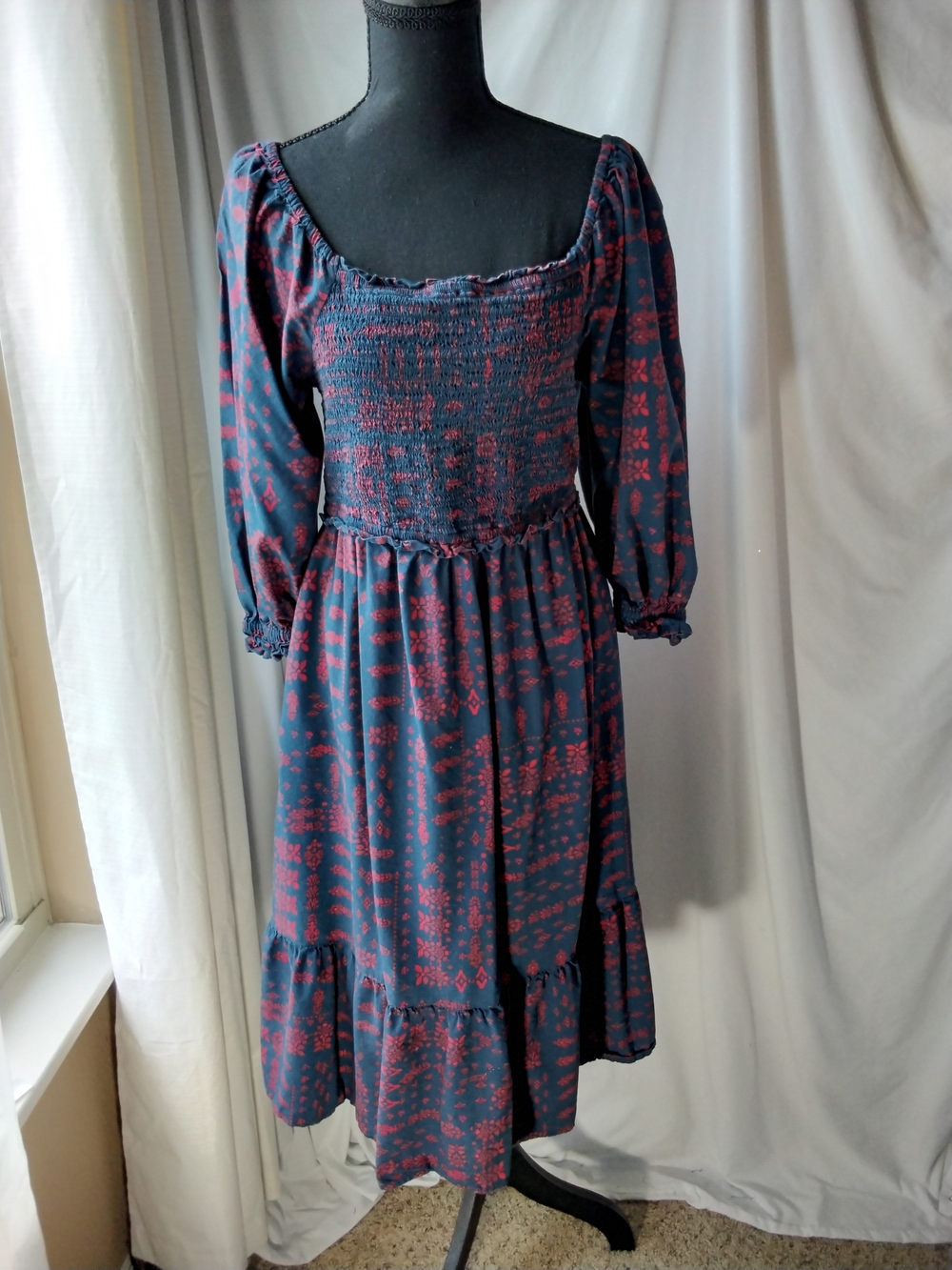 The Pioneer Woman Navy Dress with Red Print Smocked Bodice